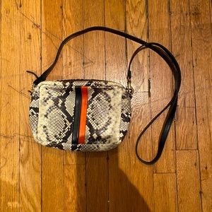Clare V midi sac python with black + poppy stripe